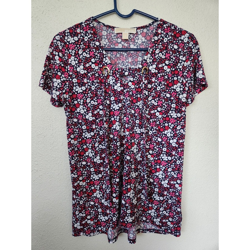 Michael Kors Short Sleeve Multicolored Floral Pattern Blouse Womens Small